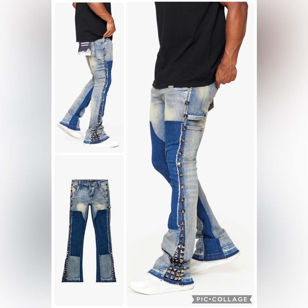 (B1) NWT VALABASAS  BLUE BIANCA “GLAZ" STACKED FLARE STREET HYPE DENIM‎ JEANS 42